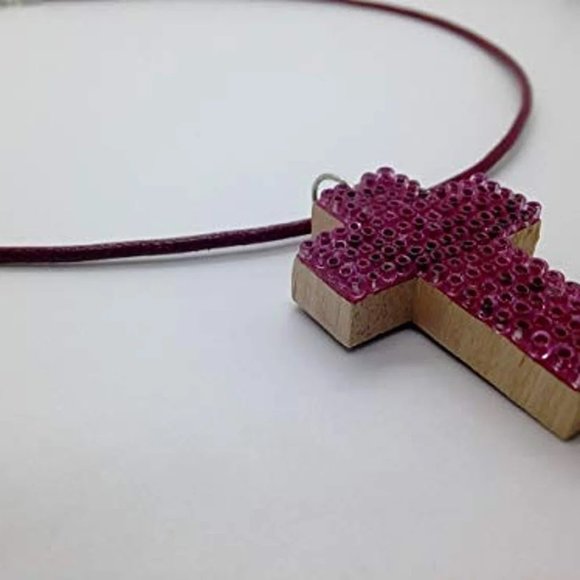 Wooden Beaded Cross Necklace - Pink handmade handcrafted - Picture 5 of 5